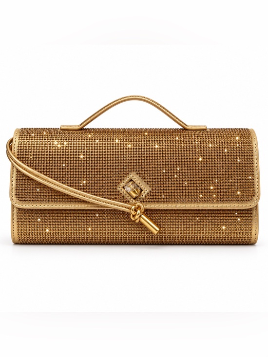 Handbags - Gold Rhinestone Clutch Handbag purse elegant elongated evening bag crossbody